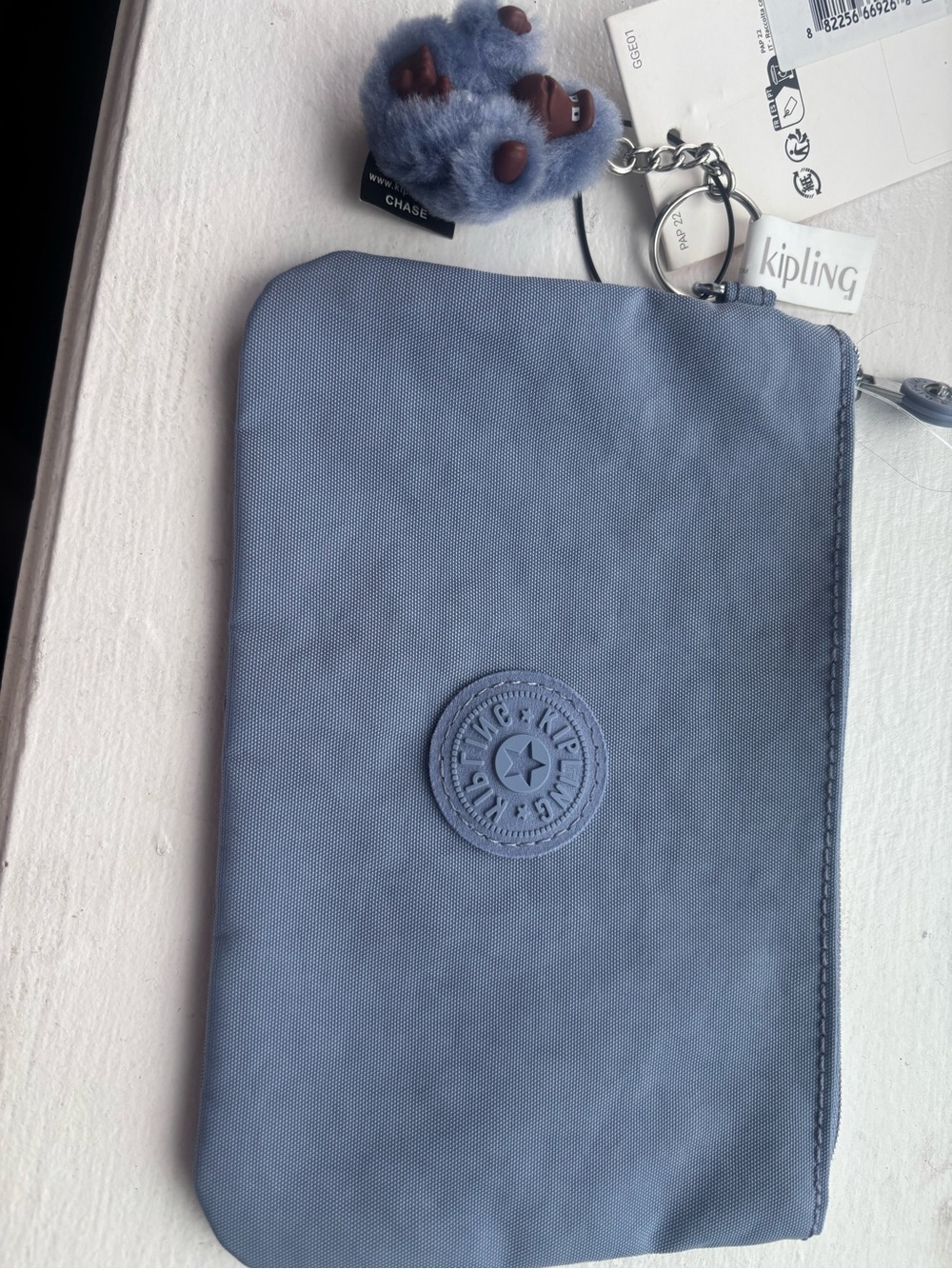 Kipling Slate Blue Zip Pouch with Fluffy Monkey Keychain 😊